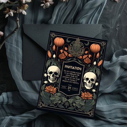 Gothic Baroque Halloween Invitation - Elegant Skull & Pumpkin Party Card