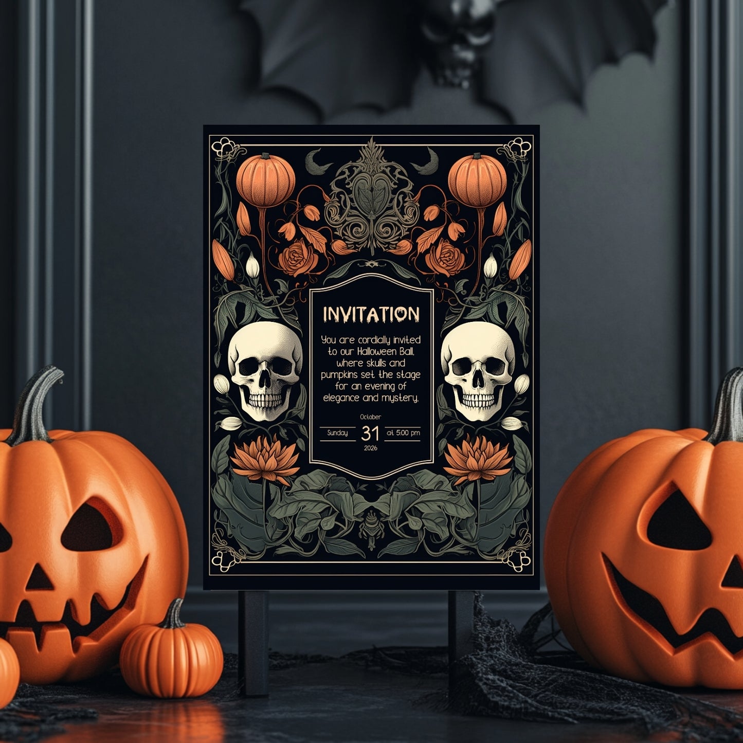 Gothic Baroque Halloween Invitation - Elegant Skull & Pumpkin Party Card