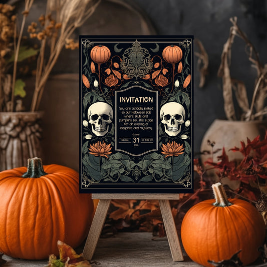 Gothic Baroque Halloween Invitation - Elegant Skull & Pumpkin Party Card