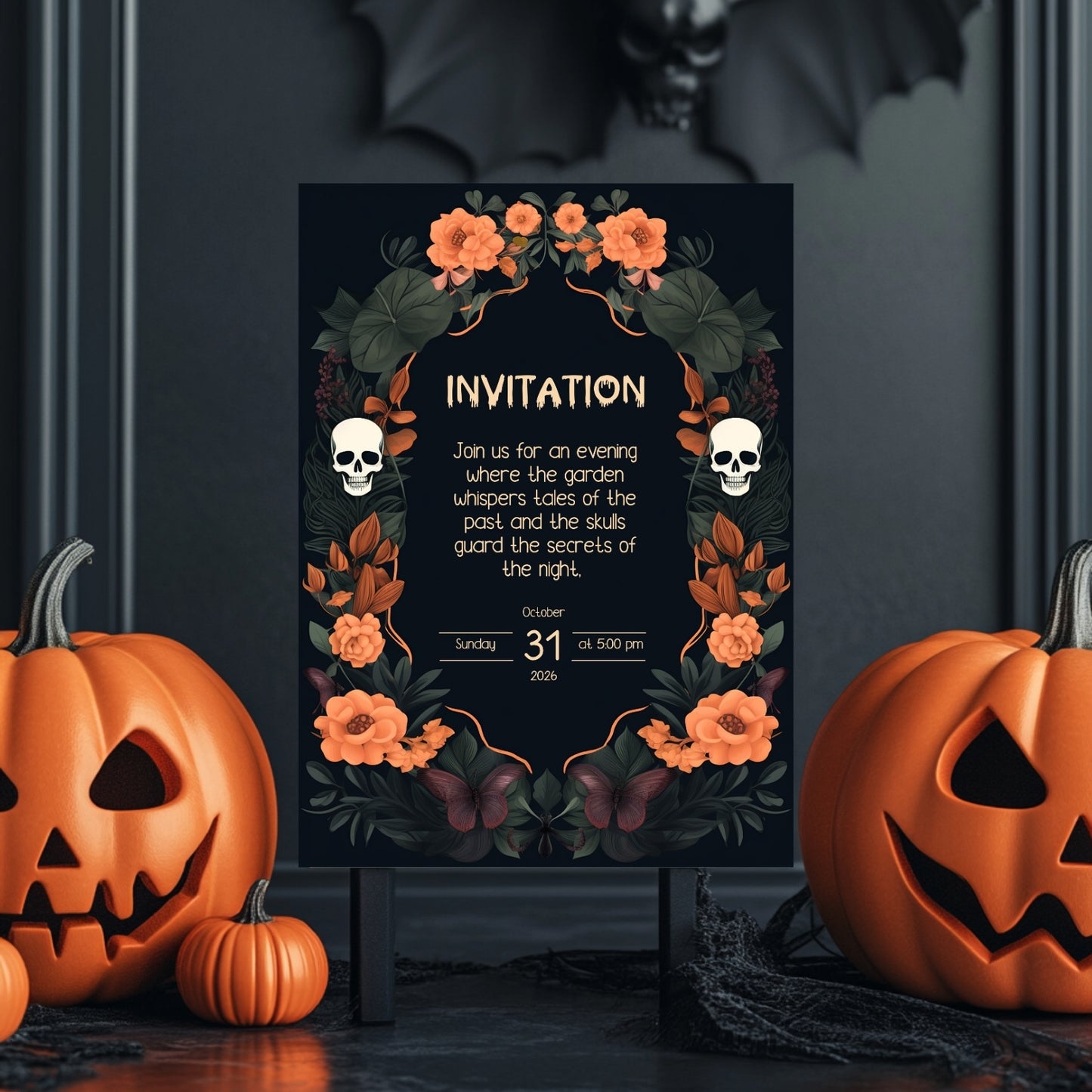 Dark Floral Halloween Card - Skulls, Butterflies & Roses