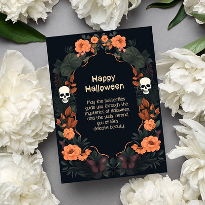 Dark Floral Halloween Card - Skulls, Butterflies & Roses