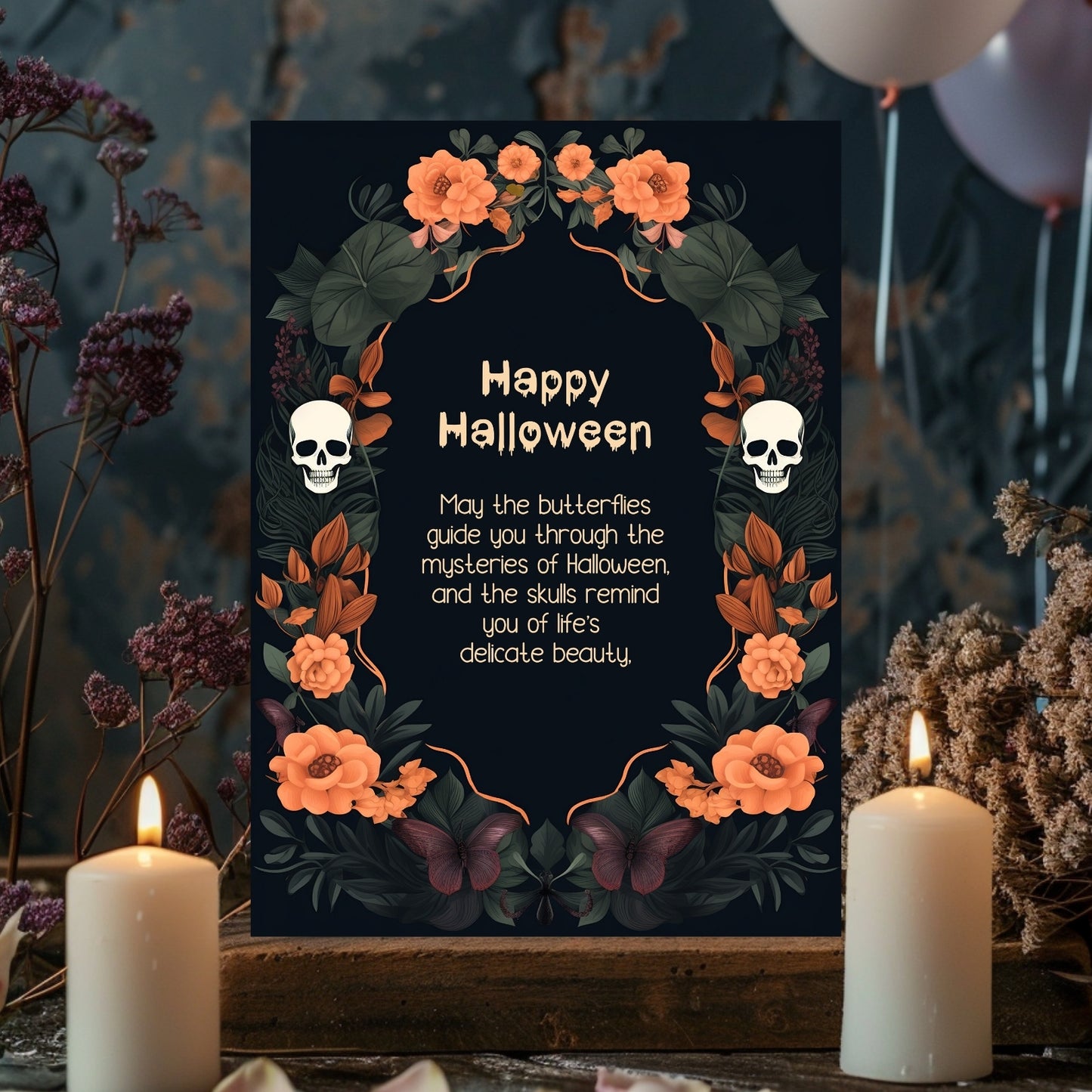 Dark Floral Halloween Card - Skulls, Butterflies & Roses