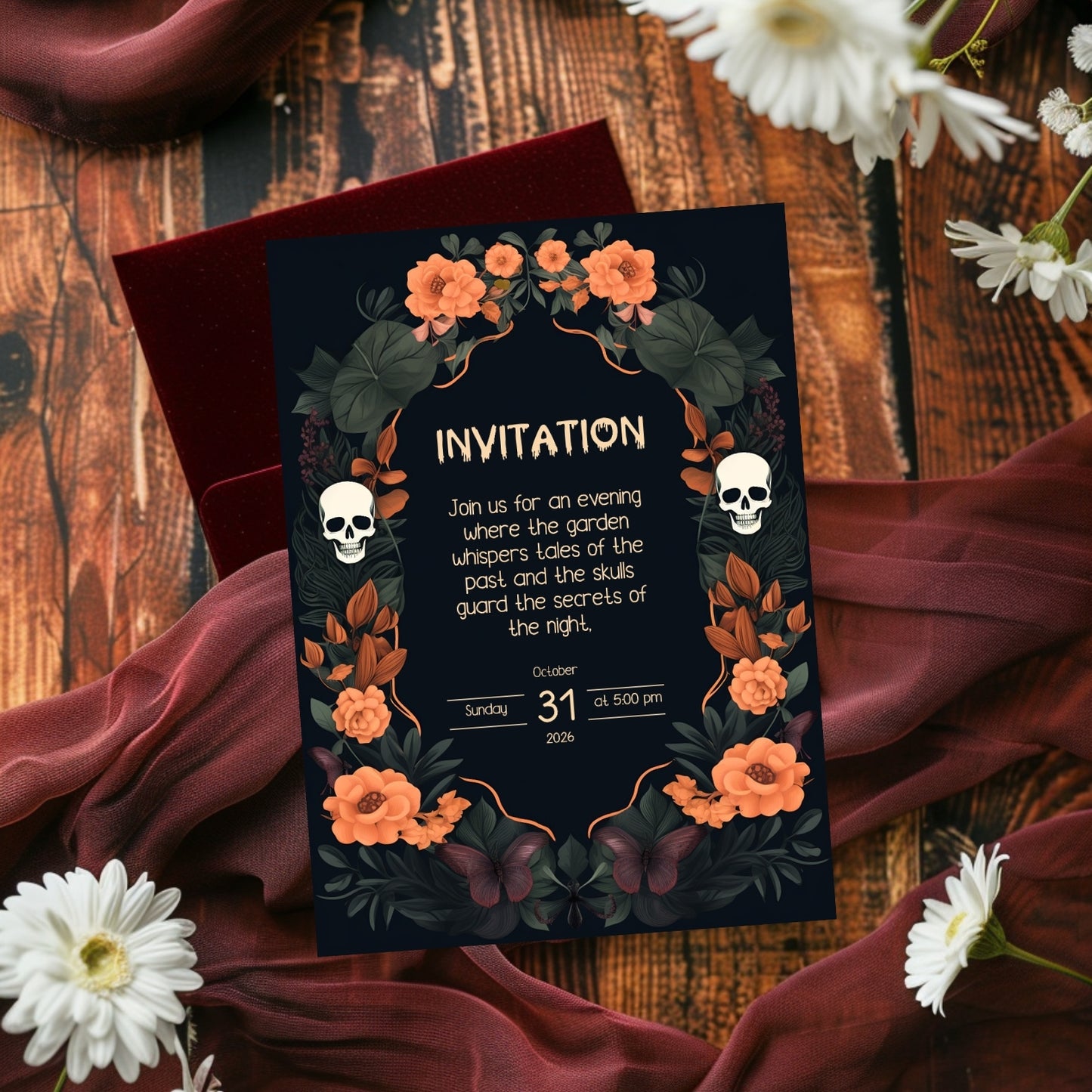 Dark Floral Halloween Card - Skulls, Butterflies & Roses