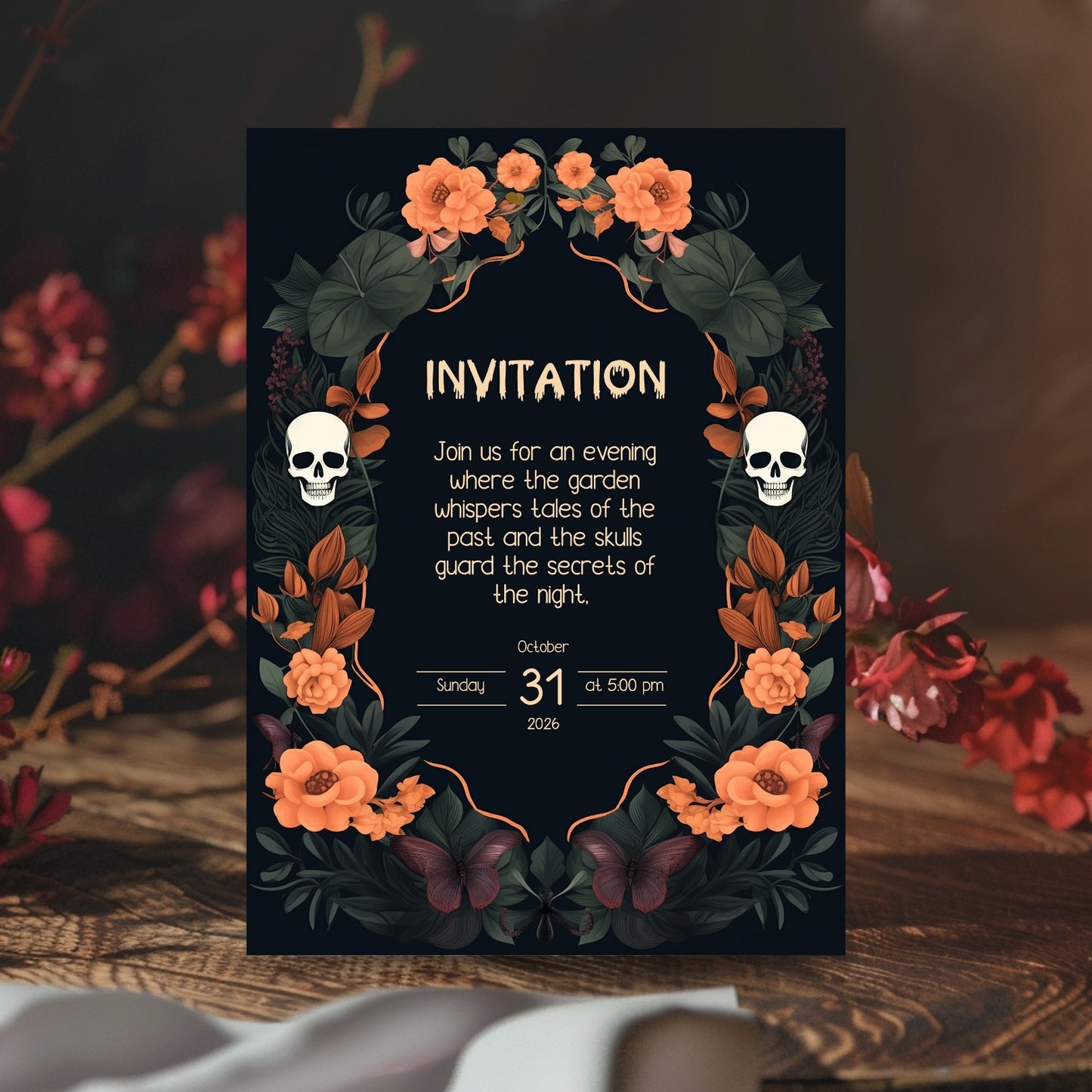 Dark Floral Halloween Card - Skulls, Butterflies & Roses