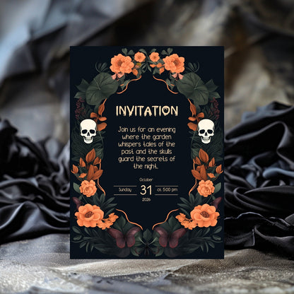 Dark Floral Halloween Card - Skulls, Butterflies & Roses