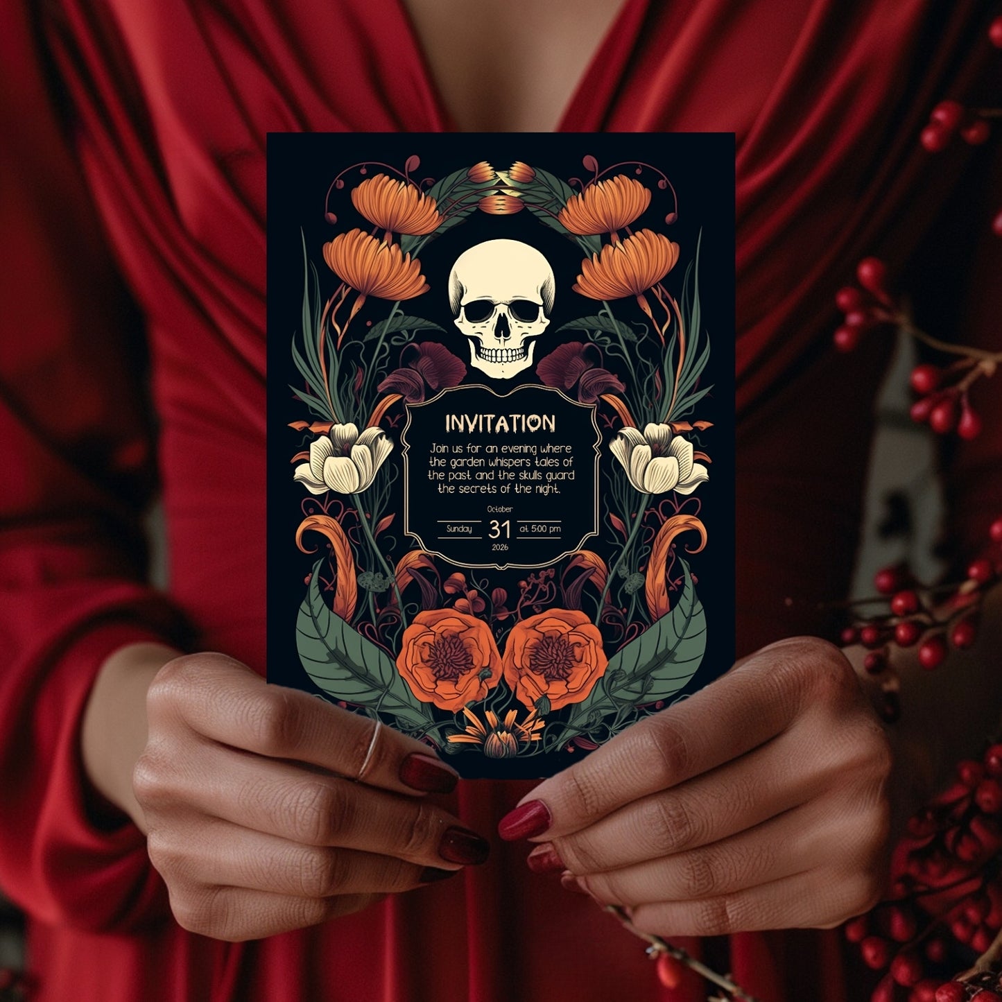 Enchanted Forest Halloween Invitation - Skulls & Butterflies in Art Nouveau Style