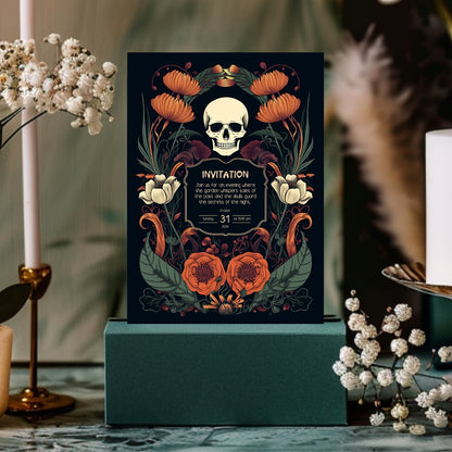 Enchanted Forest Halloween Invitation - Skulls & Butterflies in Art Nouveau Style