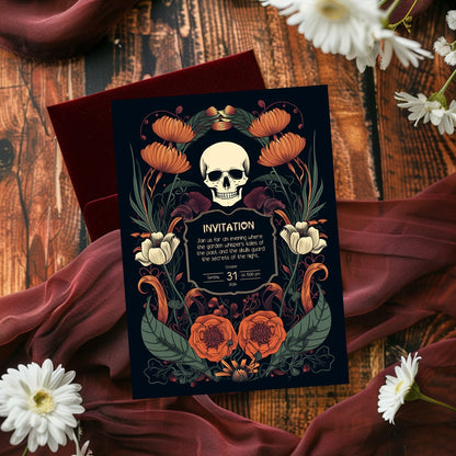 Enchanted Forest Halloween Invitation - Skulls & Butterflies in Art Nouveau Style