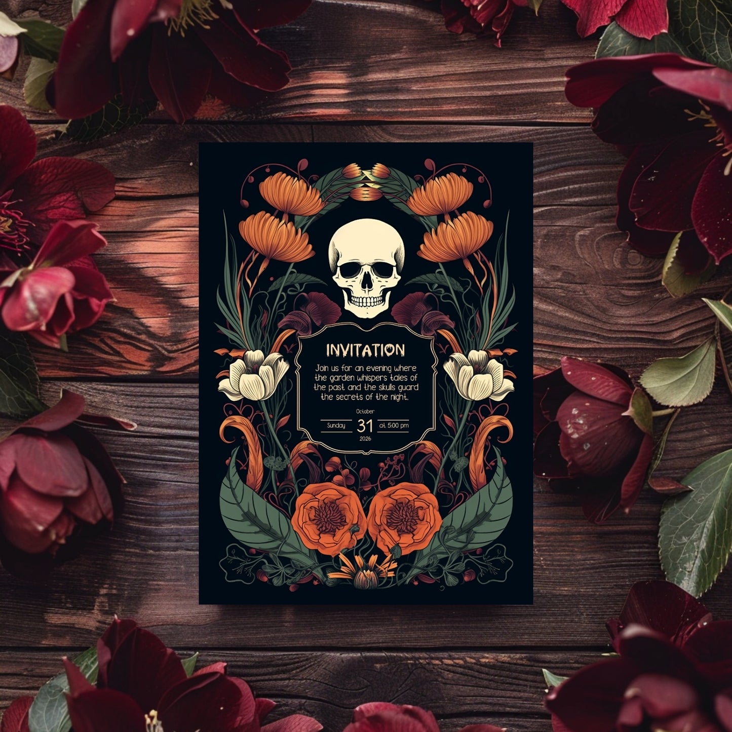 Enchanted Forest Halloween Invitation - Skulls & Butterflies in Art Nouveau Style