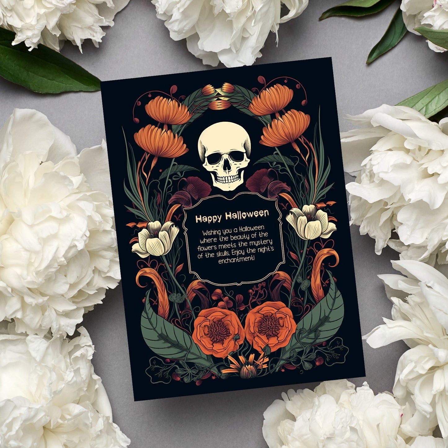 Enchanted Forest Halloween Invitation - Skulls & Butterflies in Art Nouveau Style