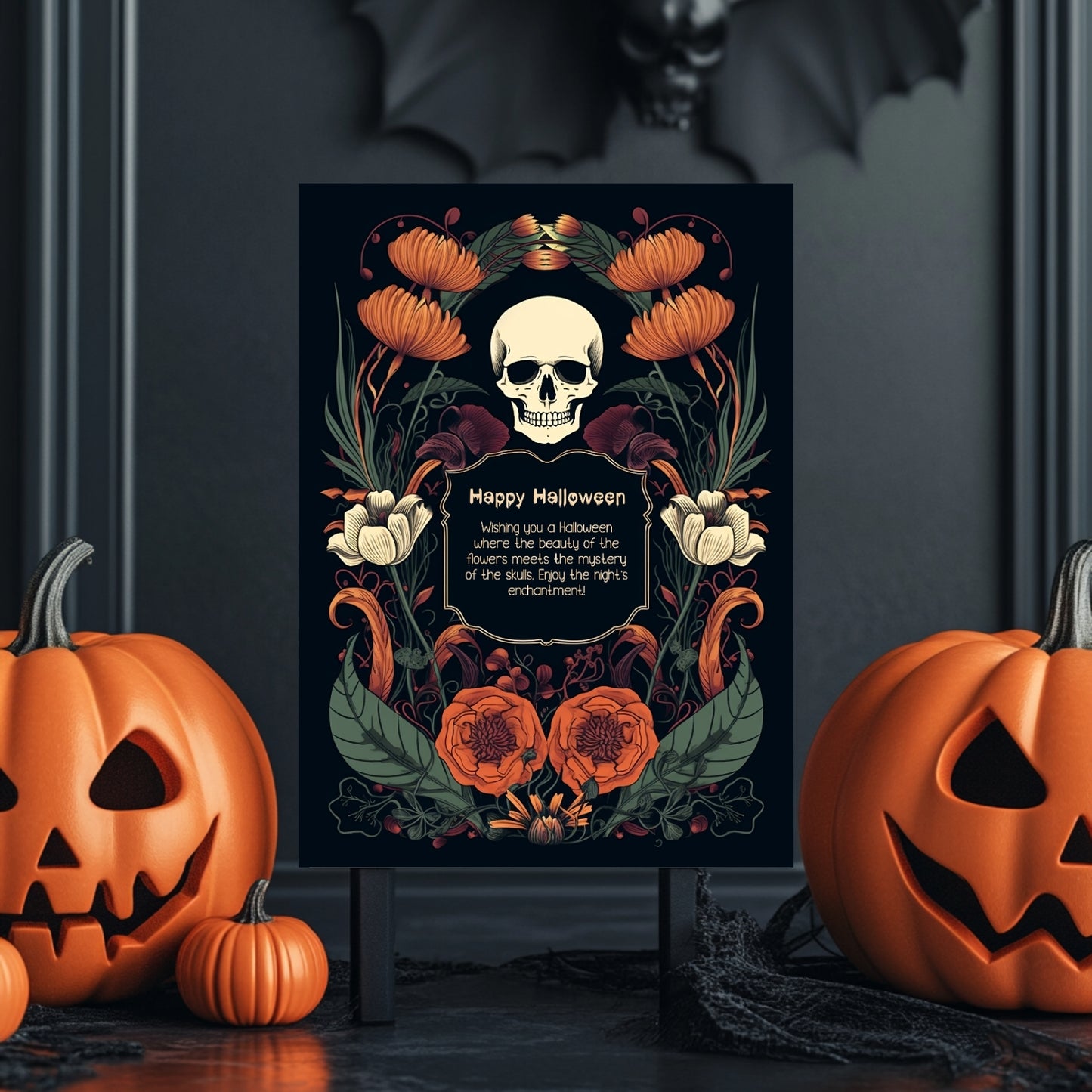 Enchanted Forest Halloween Invitation - Skulls & Butterflies in Art Nouveau Style