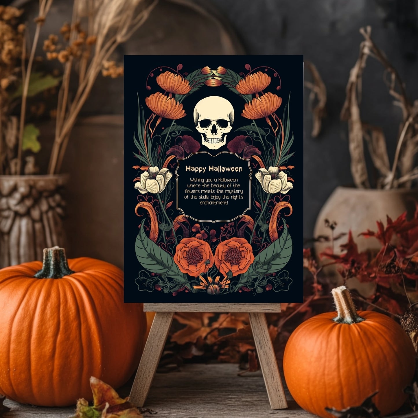 Enchanted Forest Halloween Invitation - Skulls & Butterflies in Art Nouveau Style