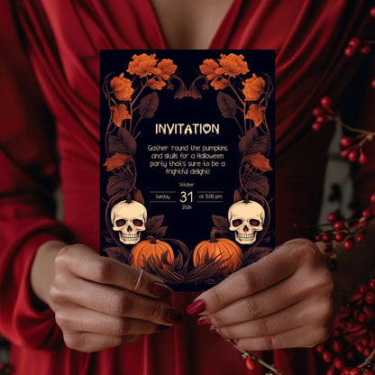 Dark Harvest Halloween Invitation - Gothic Skulls & Pumpkins