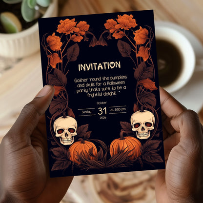 Dark Harvest Halloween Invitation - Gothic Skulls & Pumpkins