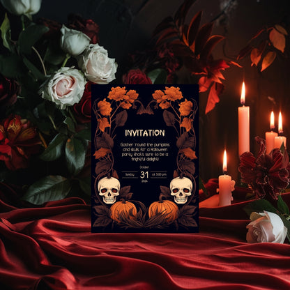 Dark Harvest Halloween Invitation - Gothic Skulls & Pumpkins