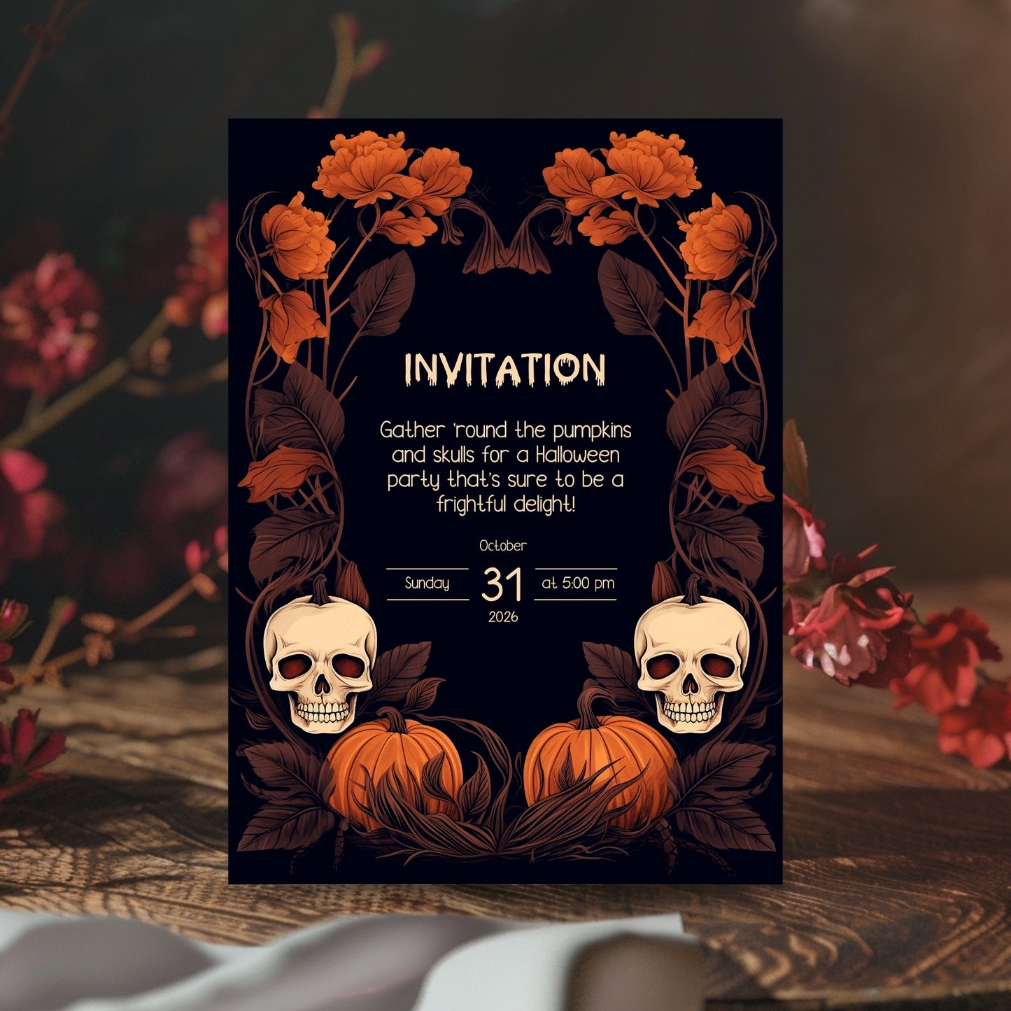 Dark Harvest Halloween Invitation - Gothic Skulls & Pumpkins