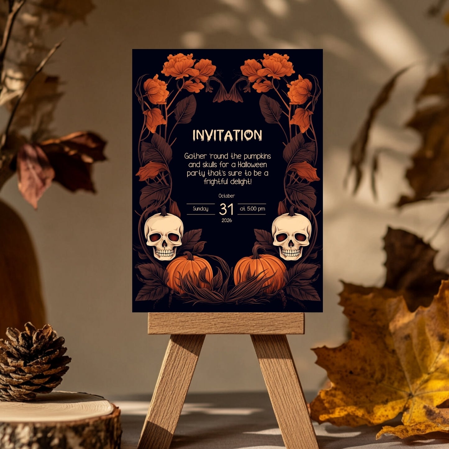 Dark Harvest Halloween Invitation - Gothic Skulls & Pumpkins