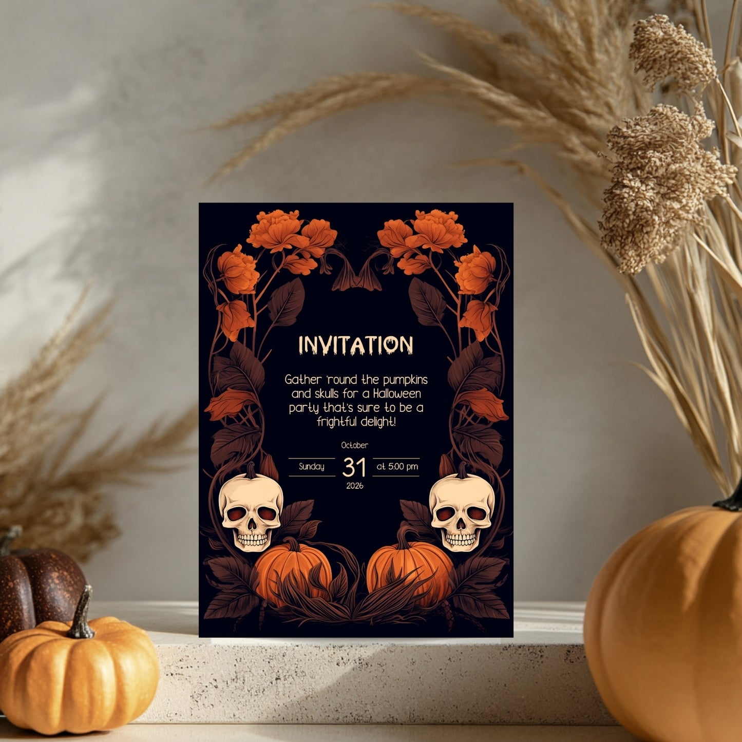 Dark Harvest Halloween Invitation - Gothic Skulls & Pumpkins