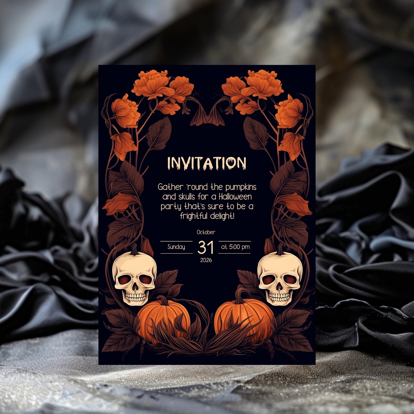 Dark Harvest Halloween Invitation - Gothic Skulls & Pumpkins