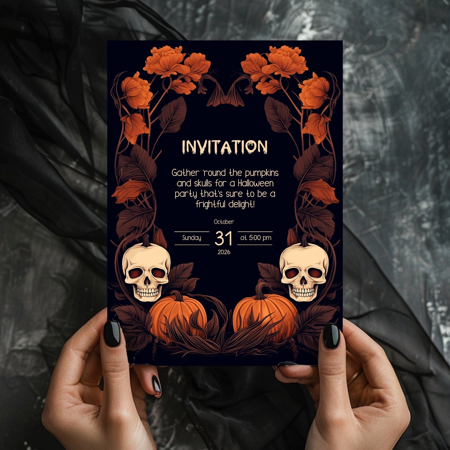 Dark Harvest Halloween Invitation - Gothic Skulls & Pumpkins