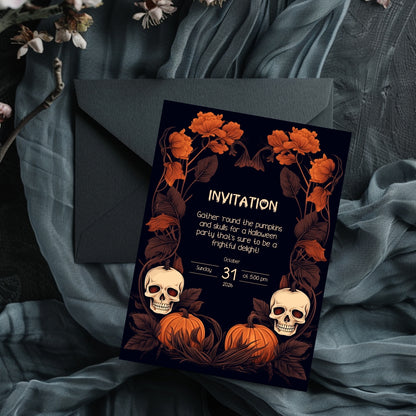 Dark Harvest Halloween Invitation - Gothic Skulls & Pumpkins