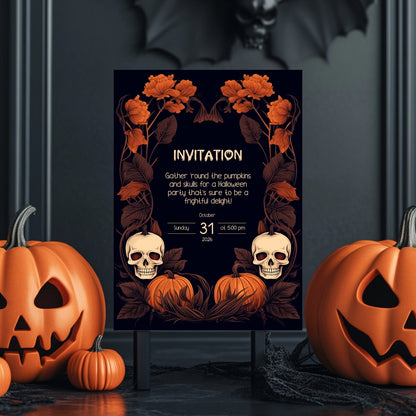 Dark Harvest Halloween Invitation - Gothic Skulls & Pumpkins