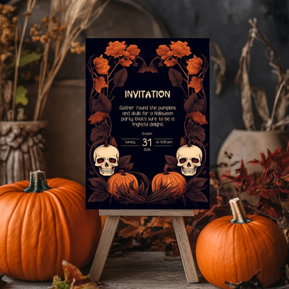 Dark Harvest Halloween Invitation - Gothic Skulls & Pumpkins