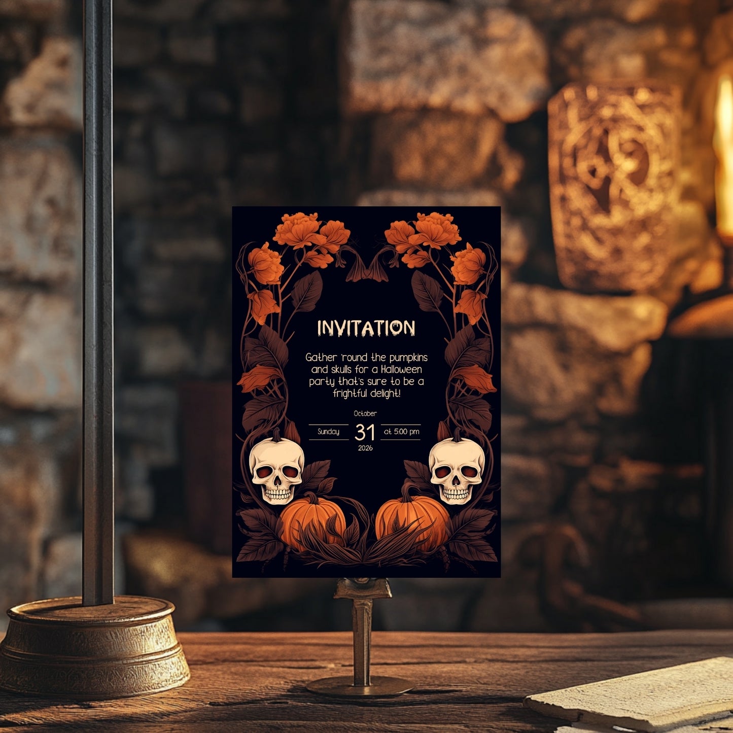 Dark Harvest Halloween Invitation - Gothic Skulls & Pumpkins