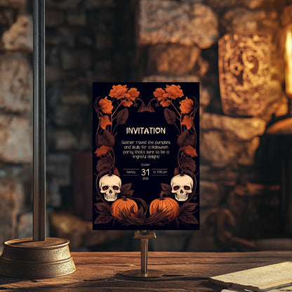 Dark Harvest Halloween Invitation - Gothic Skulls & Pumpkins