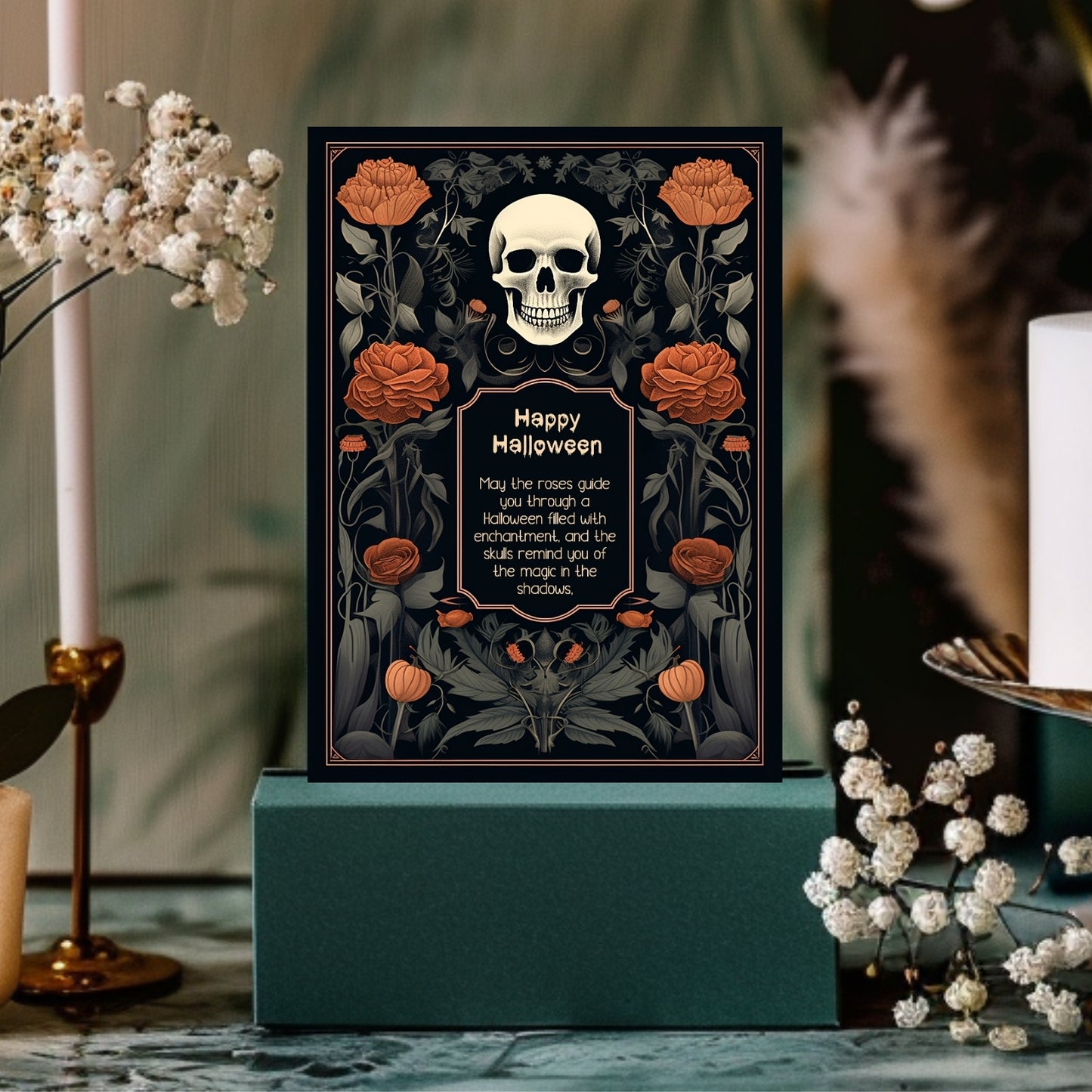 Vintage Gothic Halloween Invitation - Skull & Botanical Design