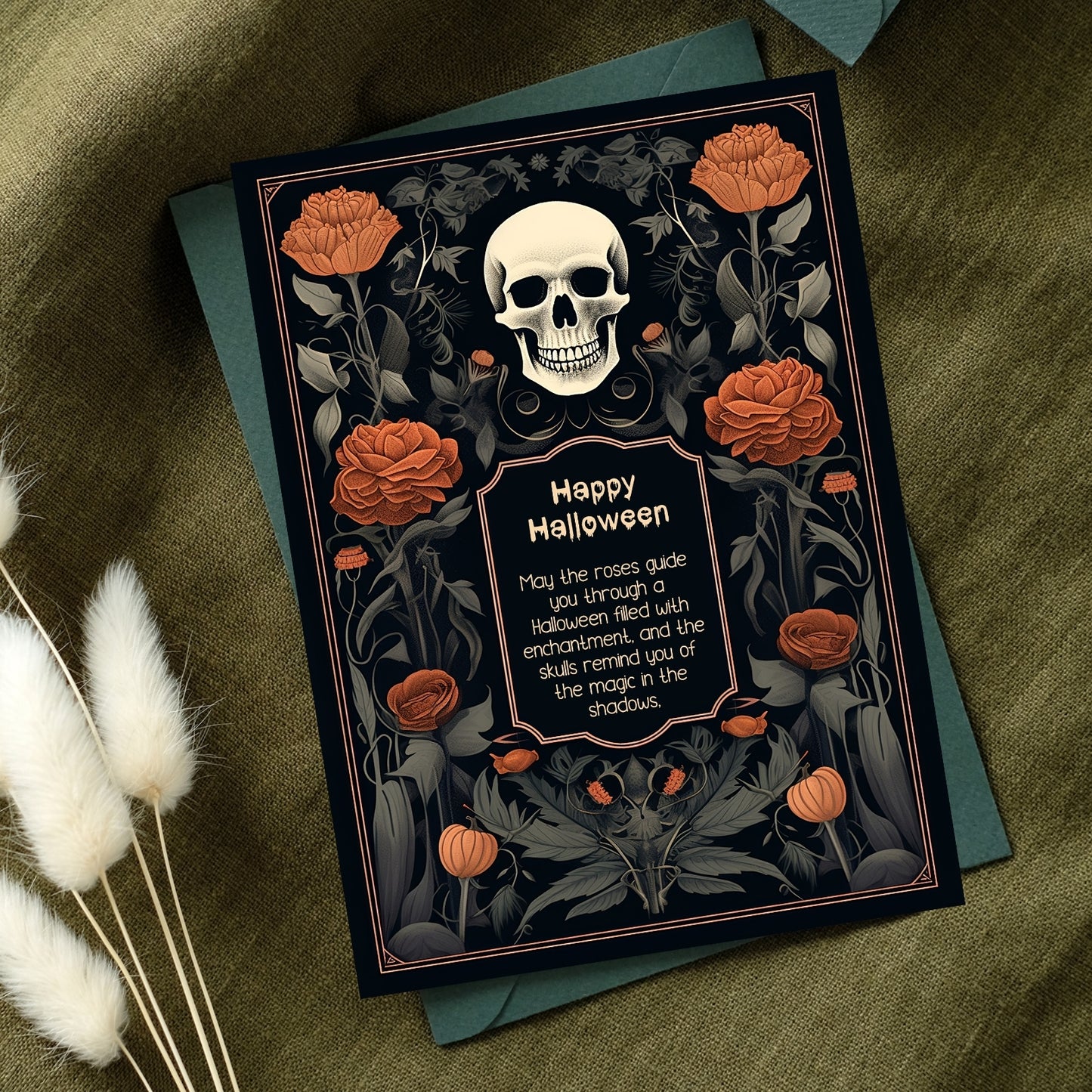 Vintage Gothic Halloween Invitation - Skull & Botanical Design