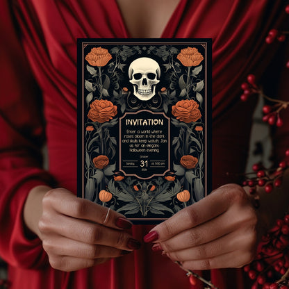 Vintage Gothic Halloween Invitation - Skull & Botanical Design