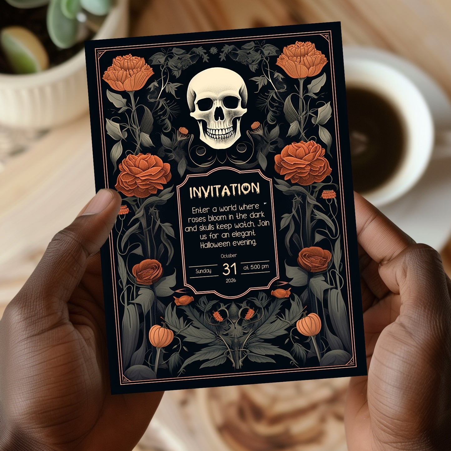 Vintage Gothic Halloween Invitation - Skull & Botanical Design