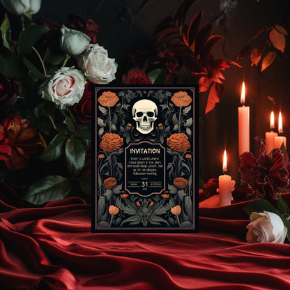 Vintage Gothic Halloween Invitation - Skull & Botanical Design