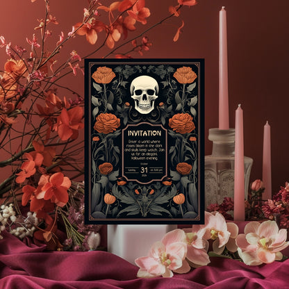 Vintage Gothic Halloween Invitation - Skull & Botanical Design