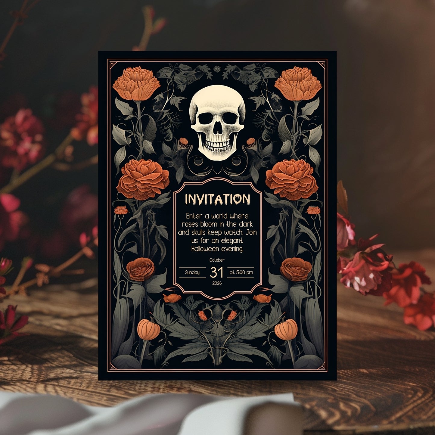 Vintage Gothic Halloween Invitation - Skull & Botanical Design