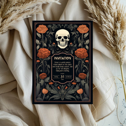 Vintage Gothic Halloween Invitation - Skull & Botanical Design