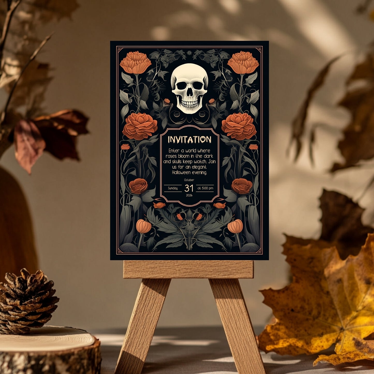 Vintage Gothic Halloween Invitation - Skull & Botanical Design