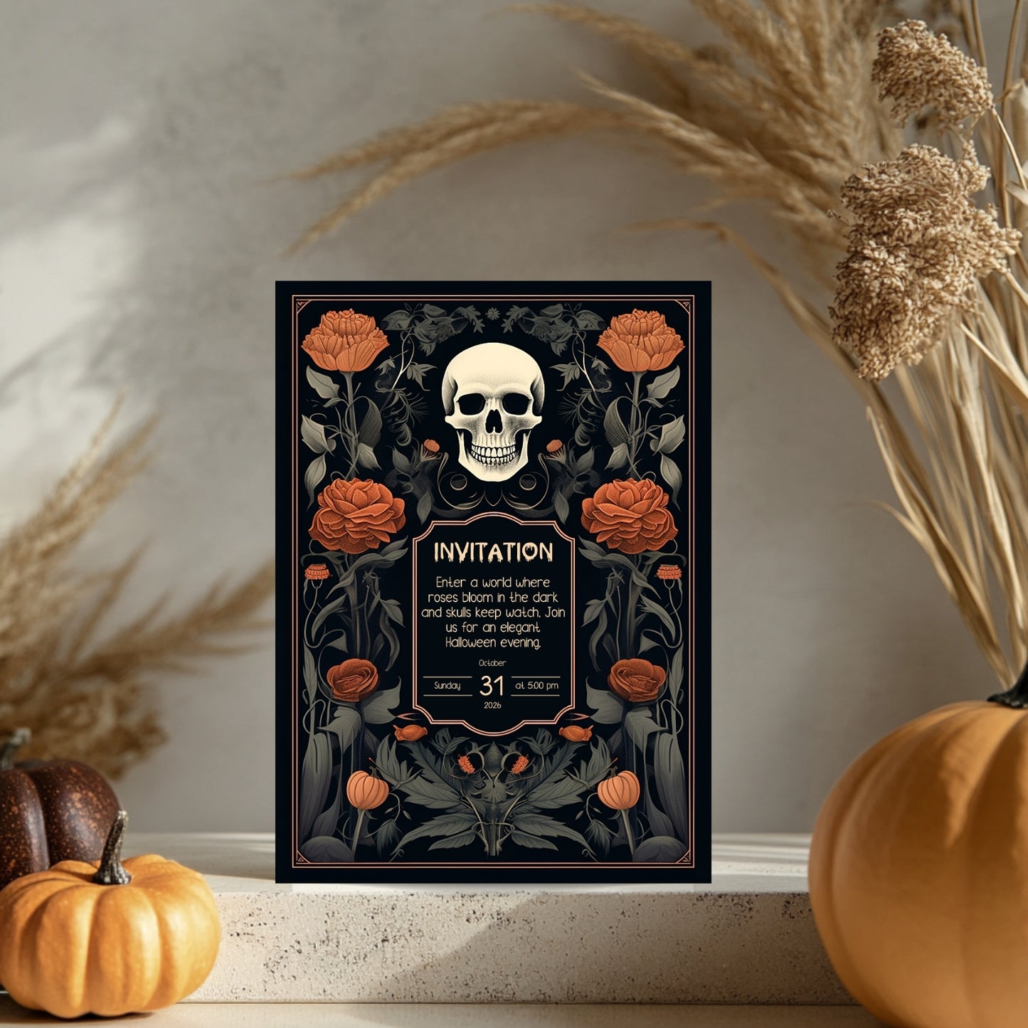 Vintage Gothic Halloween Invitation - Skull & Botanical Design