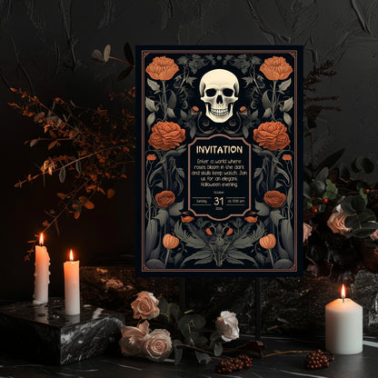 Vintage Gothic Halloween Invitation - Skull & Botanical Design