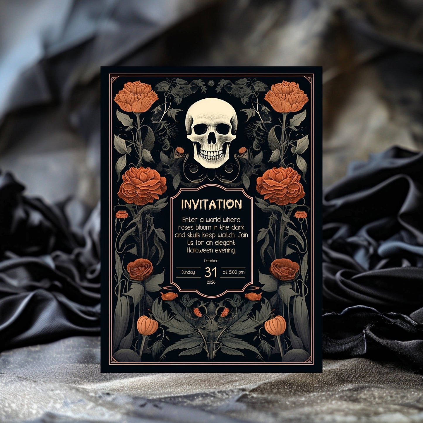 Vintage Gothic Halloween Invitation - Skull & Botanical Design