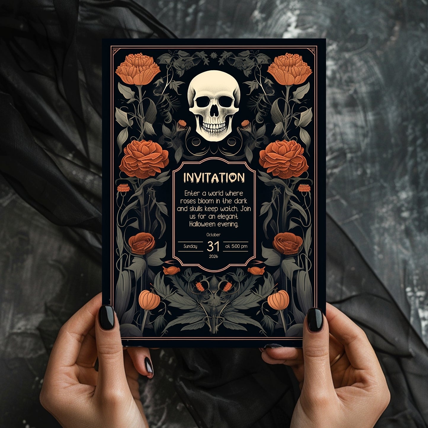 Vintage Gothic Halloween Invitation - Skull & Botanical Design