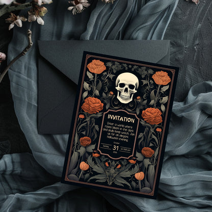 Vintage Gothic Halloween Invitation - Skull & Botanical Design