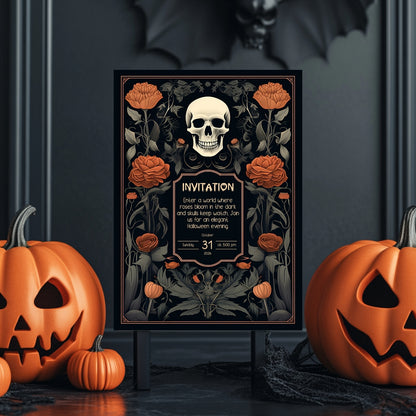 Vintage Gothic Halloween Invitation - Skull & Botanical Design