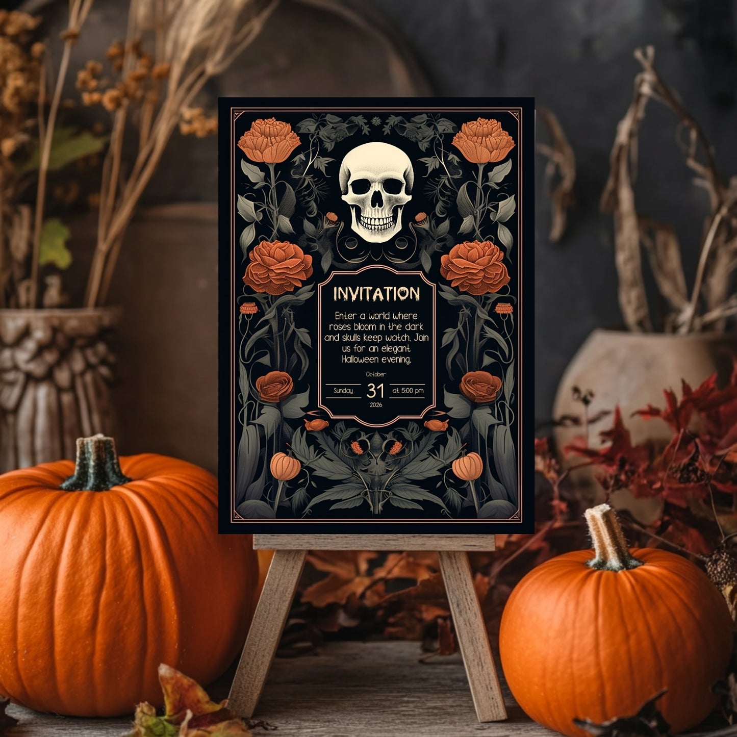 Vintage Gothic Halloween Invitation - Skull & Botanical Design