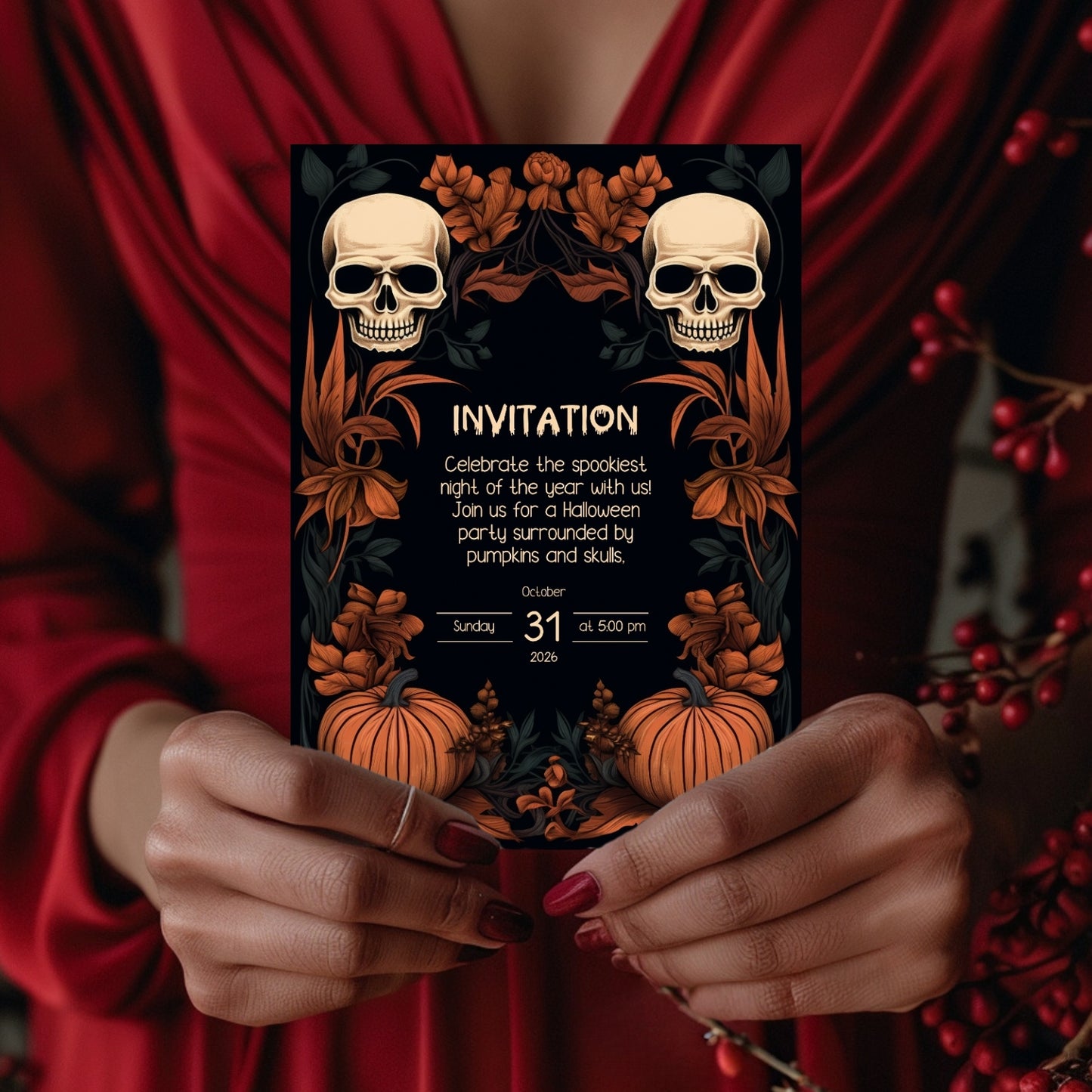 Dark Floral Halloween Invitation Card - Gothic Skulls & Pumpkins