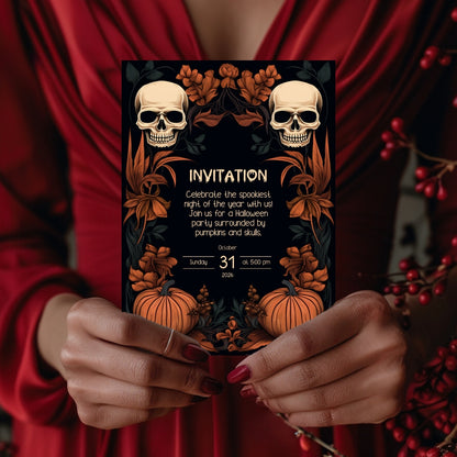 Dark Floral Halloween Invitation Card - Gothic Skulls & Pumpkins