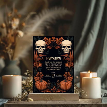 Dark Floral Halloween Invitation Card - Gothic Skulls & Pumpkins