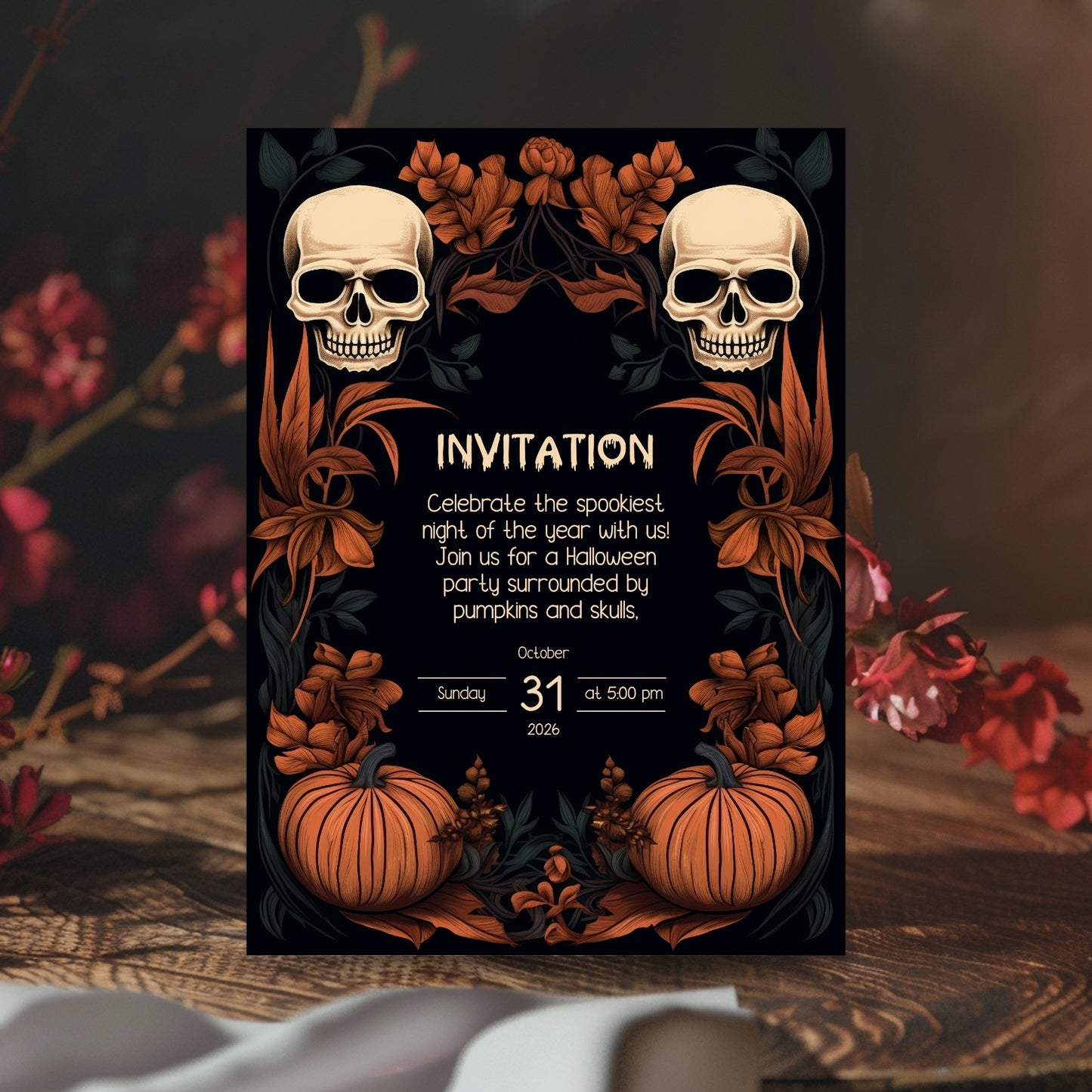 Dark Floral Halloween Invitation Card - Gothic Skulls & Pumpkins