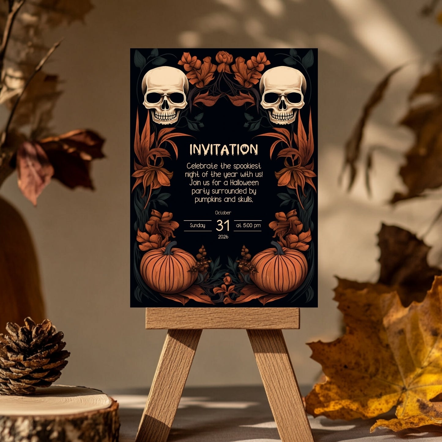 Dark Floral Halloween Invitation Card - Gothic Skulls & Pumpkins